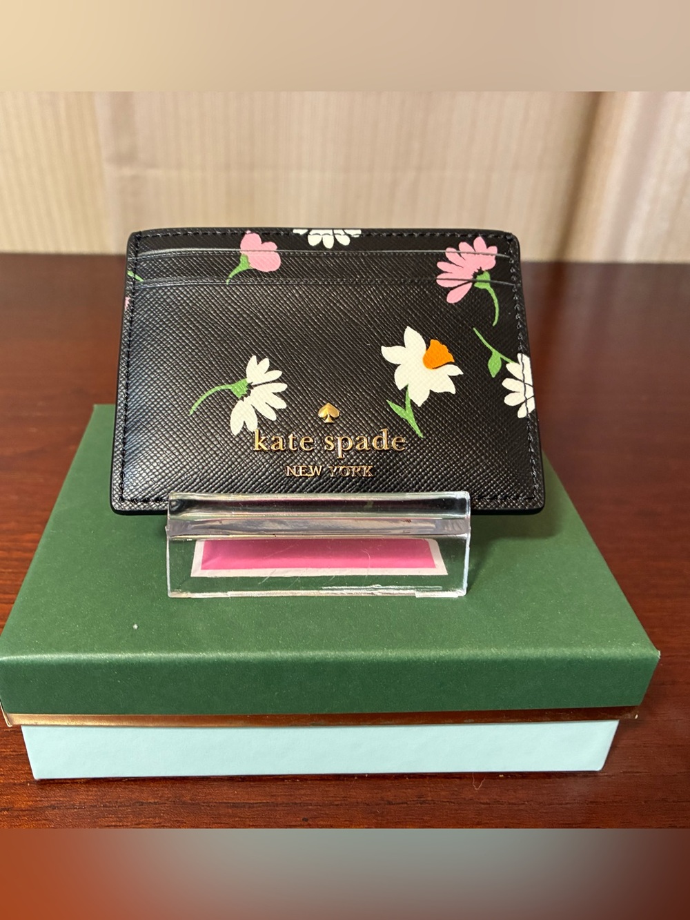 kate spade Black Floral Card & ID Holder with Gold Logo